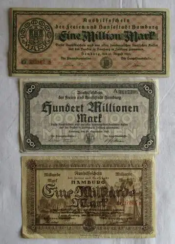 2 x 1 und 100 Millionen Mark Banknoten Hansestadt Hamburg 1923 (154364)