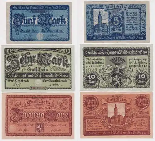 5, 10 und 20 Mark Banknoten Haupt- & Residenzstadt Gera um 1919 (150994)
