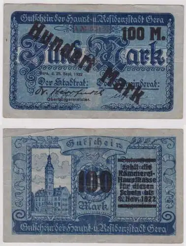 100 Mark Banknote1 Stadt Gera 25.09.1922 Überdruckausgabe (150114)
