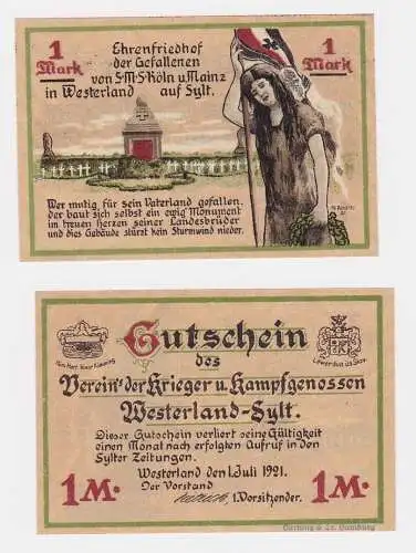 1 Mark Banknote Notgeld Westerland auf Sylt Verein der Krieger 1.7.1921 (122511)