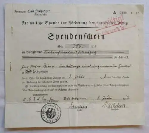 750 Reichsmark Spendenschein zur Förderung der nationalen Arbeit 1933 (122729)