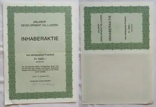 1.000 Franken Aktien Anlarop Development AG Luzern 12.10.1972 (142555)