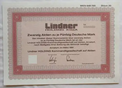 20 Stück x 50 DM Aktie Lindner Holding KGaA Arnstorf 1991 (142995)