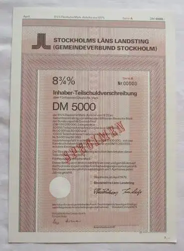 5000 DM Aktie Stockholms Läns Landsting Gemeindeverbund April 1975 (143114)