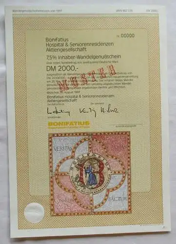 2000 DM Aktie Bonifatius Hospital & Seniorenresidenzen AG München 1997 (143944)