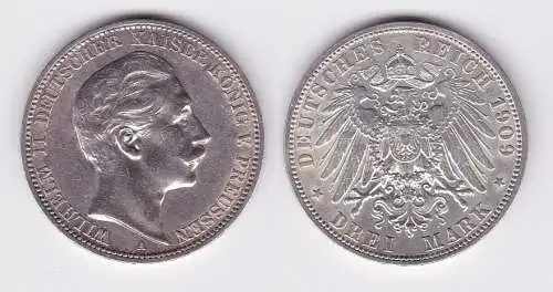 3 Mark Silbermünze Preussen Kaiser Wilhelm II 1909 A Jäger 103 (121929)
