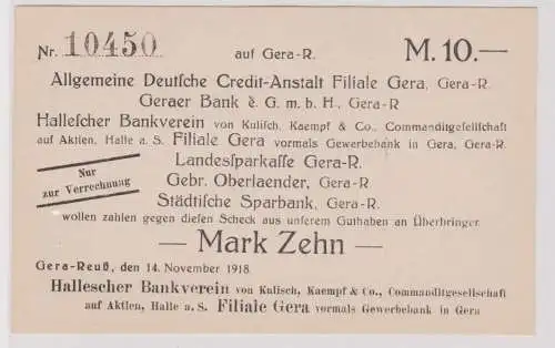 10 Mark Banknote Gera Reuss Hallescher Bankverein 14.11.1918 (120347)