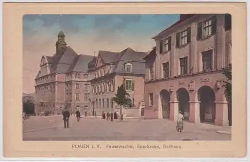 96775 Ak Plauen i.V. Feuerwache Sparkasse Rathaus um 1910