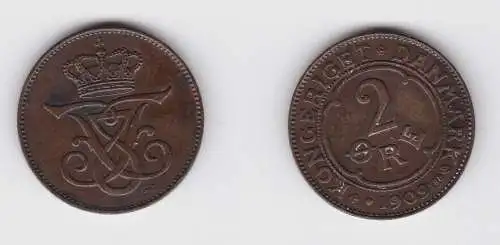 2 Öre Kupfer Münze Dänemark 1909 ss+ (139946)