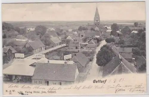 97204 AK Gettorf - Straßenansicht mit Kirche und Geschäften, Holzhandlung 1905
