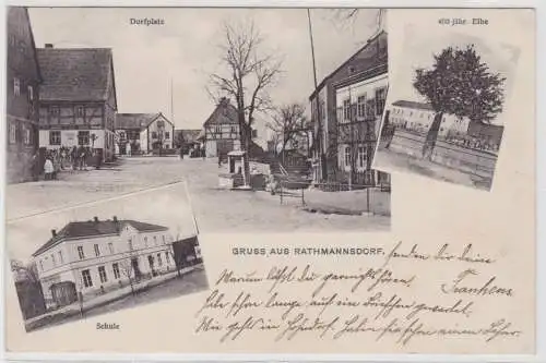 99731 AK Gruss aus Rathmannsdorf - Dorfplatz, Schule, 400 jähr. Eibe 1914