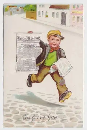 85354 Leporello Ak Gruß aus Gera Junge mit Geraer Zeitung um 1925