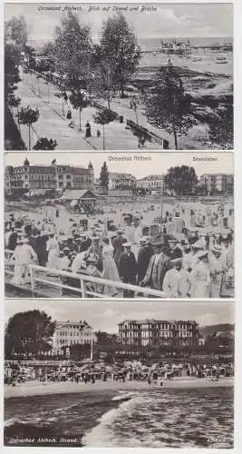 33688 AK 3x Ostseebad Ahlbeck - Strandleben, Blick auf Strand und Brücke