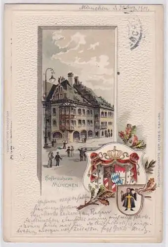 43579 Präge AK Hofbräuhaus München mit Wappen und Münchner Kindl 1901