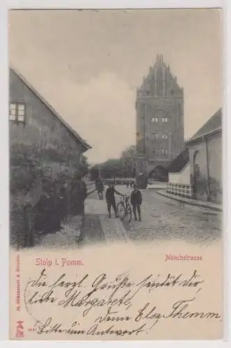 11655 Ak Stolp Słupsk in Pommern Mönchstraße mit Radfahrer 1901