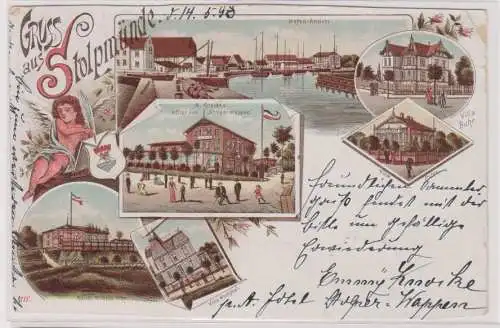 75683 Ak Lithographie Gruß aus Stolpmünde Ustka in Pommern Hotel usw. 1898