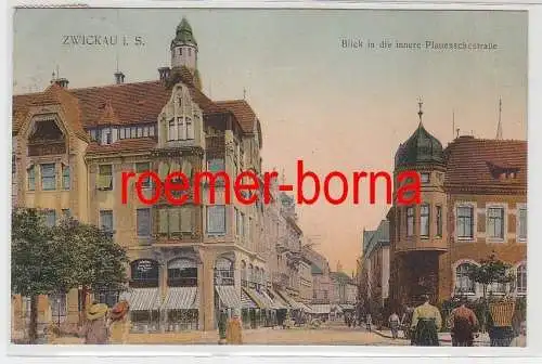 77013 Ak Zwickau i.S. Blick in die innere Plauenschestraße mit Hut-Geschäft 1908