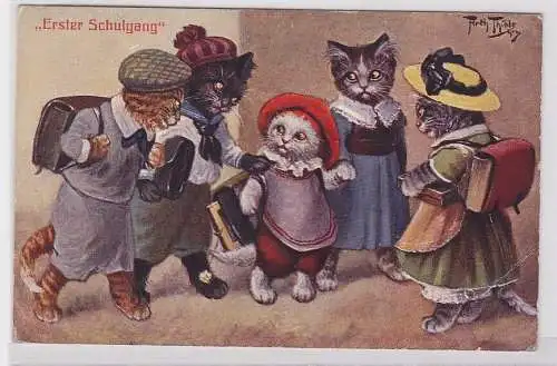 04718 Arthur Thiele Künstler Ak Katzen "Erster Schulgang" 1909