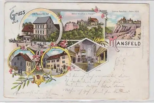 79247 Ak Lithographie Gruß aus Mansfeld Hotel preussischer Hof usw. 1898