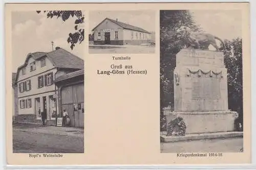 73574 Mehrbild Ak Gruß aus Lang-Göns (Hessen) Turnhalle Weinstube Kriegerdenkmal