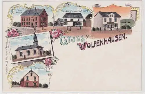 94274 Ak Lithographie Gruß aus Wolfenhausen Warenhandlung, Schule usw. um 1900