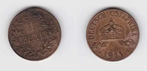 1 Heller Kupfer Münze Deutsch Ostafrika 1911 J f.vz Jäger 716 (156276)