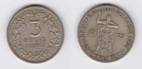 3 Mark Silber Münze 1000 Feier der Rheinlande 1925 A ss+ (156080)