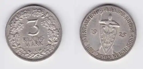 3 Mark Silber Münze 1000 Feier der Rheinlande 1925 A ss/vz (156232)