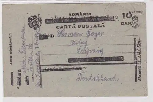 907483 Ganzsachen Postkarte 10 Bani auf 1 Filler Rumänien nach Leipzig