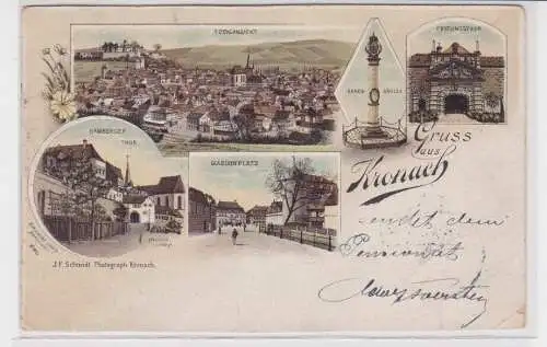 907847 Lithographie Ak Gruss aus Kronach - Bamberger Thor, Ehrensäule usw. 1897