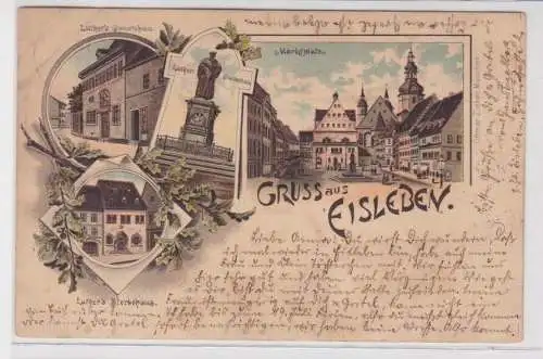 907843 Lithographie Ak Gruss aus Eisleben - Luthers Denkmal und Geburtshaus, usw