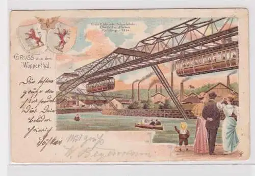 907841 Lithographie Ak Gruss aus dem Wupperthal - elektrische Schwebebahn 1900