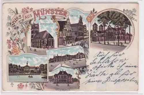 907592 Lithographie Ak Gruss aus Münster - Liebfrauenkirche, Rathaus, Schloss