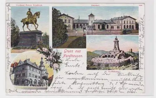 907371 Lithographie Ak Gruss aus Nordhausen - Denkmal, Bahnhof, Kyffhäuser 1904