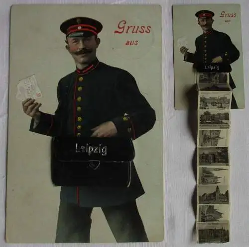 907038 Leporello Ak Gruß aus Leipzig mit Briefträger / Postbote 1911