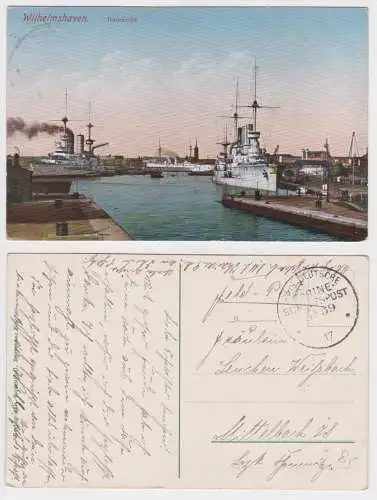 901535 Feldpost Ak Wilhelmshafen Hafenbild mit Kriegsschiff mit MSP Nr.59, 1917