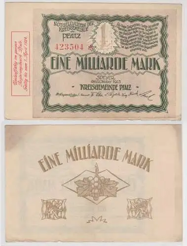 1 Milliarde Mark Banknote Notgeld Kreisgemeinde Pfalz Speyer 1.10.1923 (153324)