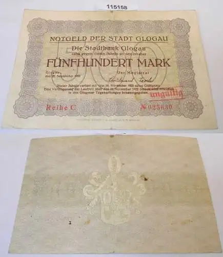 500 Mark Banknote Notgeld Stadt Glogau 22.September 1922 (115158)