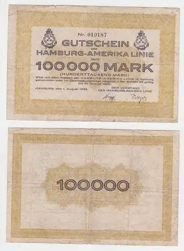 100000 Mark Banknote Gutschein der Hamburg Amerika Linie 1.8.1923 (114728)