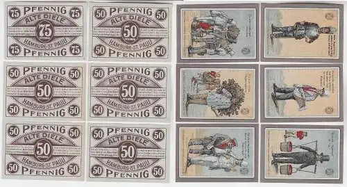 5 x 50, 75 Pfennig Banknoten Notgeld Hamburg Alte Diele 1921 (116136)