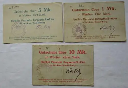 1, 5 und 10 Mark Banknoten Plessische Bergwerks Direktion 1914 (113257)