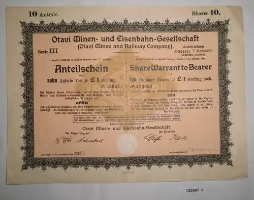 1 Pfund 10 Aktien Otavi Minen-& Eisenbahn-Gesellschaft Berlin 12.9.1921 (132047)
