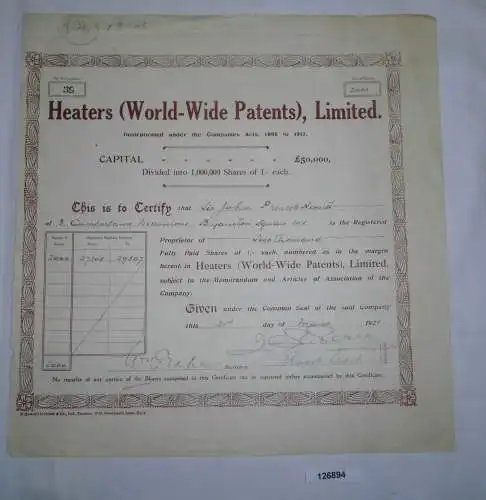 1 Pfund 2000 Aktien Heaters (World-Wide Patents) London 21. März 1921 (126894)