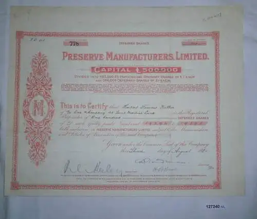 1 Pfund 100 Aktien Preserve Manufacturers 3. August 1920 (127240)