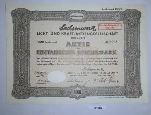 1000 Reichsmark Aktie Sachsenwerk Licht- und Kraft-AG Dresden Juli 1935 (131882)