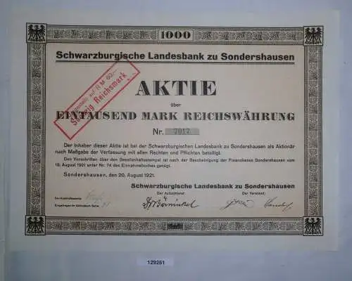 1000 Mark Aktie Schwarzburgische Landesbank Sondershausen 20.08.1921 (129251)