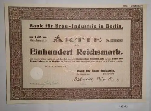 100 Mark Aktie Bank für Brau Industrie in Berlin März 1933 (132382)