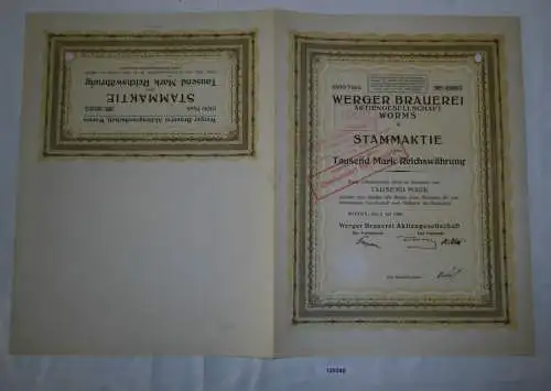 1000 Mark Aktie Werger Brauerei AG Worms 2. Juli 1920 (129245)