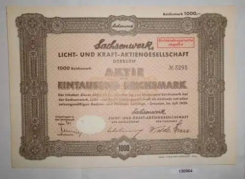 1000 Reichsmark Aktie Sachsenwerk Licht- und Kraft-AG Dresden Juli 1935 (130964)