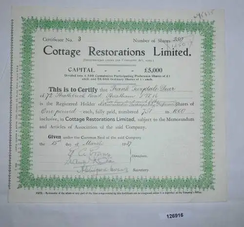1 Pfund 250 Aktien Cottage Restorations Limited 15. März 1937 (126916)